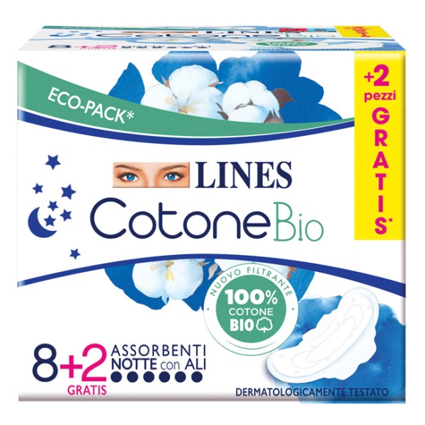 Lines Cotone Bio 8+2 Assorbenti Notte con Ali