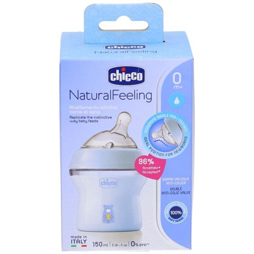 Chicco NaturalFeeling Biberon in Vetro Flusso Lento 0m+ Azzurro 150 ml