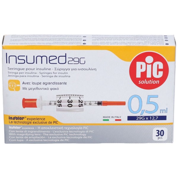 PiC Solution Insumed 29G x 12,7mm 30 Siringhe da insulina 0,5 ml