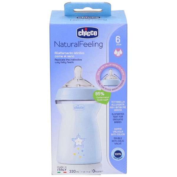 Chicco NaturalFeeling Biberon in Vetro Flusso Rapido 6m+ Azzurro 330 m