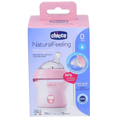 Chicco NaturalFeeling Biberon in Vetro Flusso Lento 0m+ Rosa 150 ml