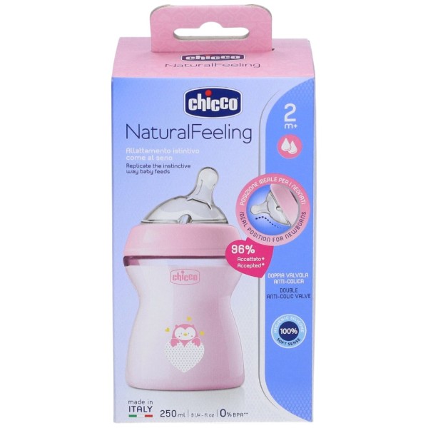 Chicco NaturalFeeling Biberon in Vetro Flusso Medio 2m+ Rosa 250 ml